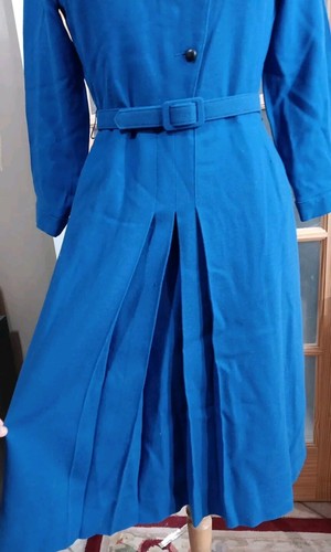 Vintage Wool Pleated Dress Blue 50s 60s Belt Peter pan Collar Fit Flare Pocket - Picture 5 of 16