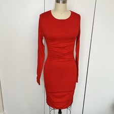 Express Dress Womens Small Red Knit Bodycon Ruched Stretch Long Sleeve