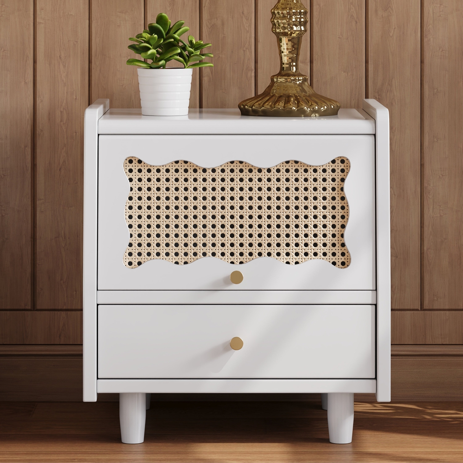 White Rattan Nightstand with Storage Drawer