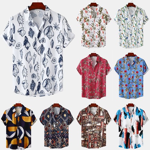 Men's Hawaii Casual Short Sleeve T-Shirt - Plant & Flowers Pattern, Round Neck, Asian Size S, Lightweight Summer Tee
