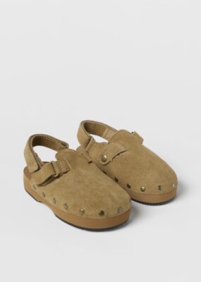 New Zara Kids Tan Taupe Suede Leather Slip On Strap Clog Mule