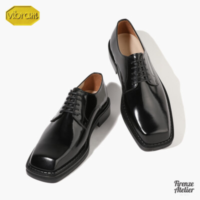 Firenze Atelier Men's Black Leather Square Toe Oxford Derby Shoes W/ Vibram Sole
