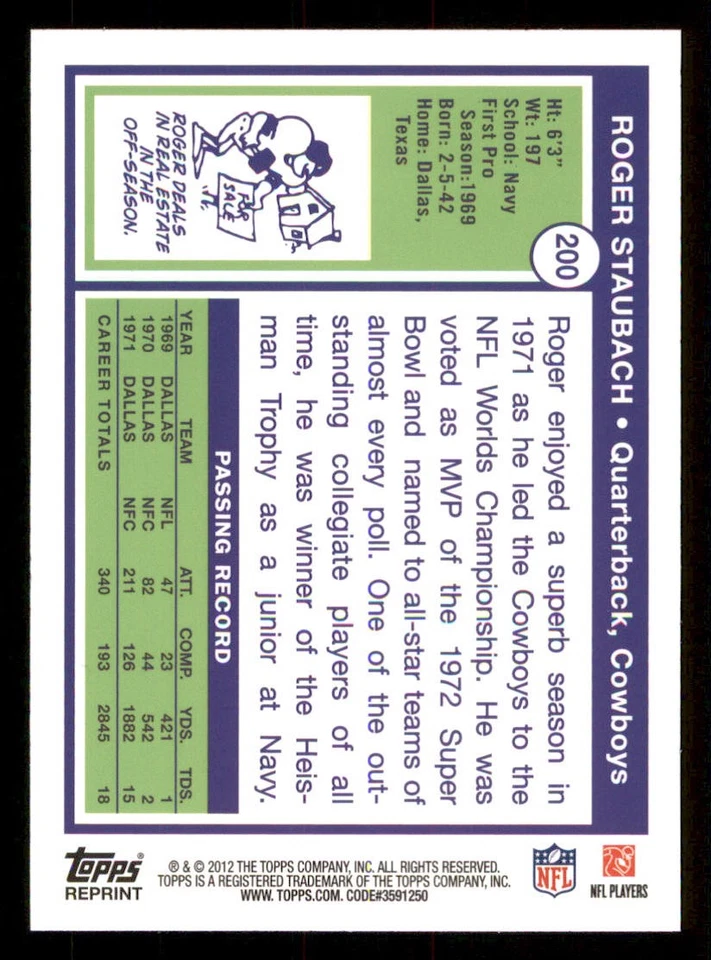 2012 Topps Rookie Reprint #200 Roger Staubach 72 - Image 2 of 2