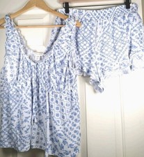 Laura Ashley Blue Floral Paisley Pajama Set Large L Ruffle Tank  Shorts Knit
