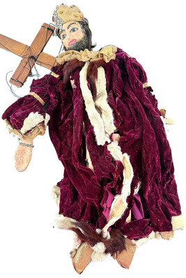 Antique Folk Art Puppet Marionette King w/ Crown & Cloak