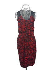Whistles Dress Womens UK 8 Black Red Silk Tulip Hem Lined Ruched Snake Print