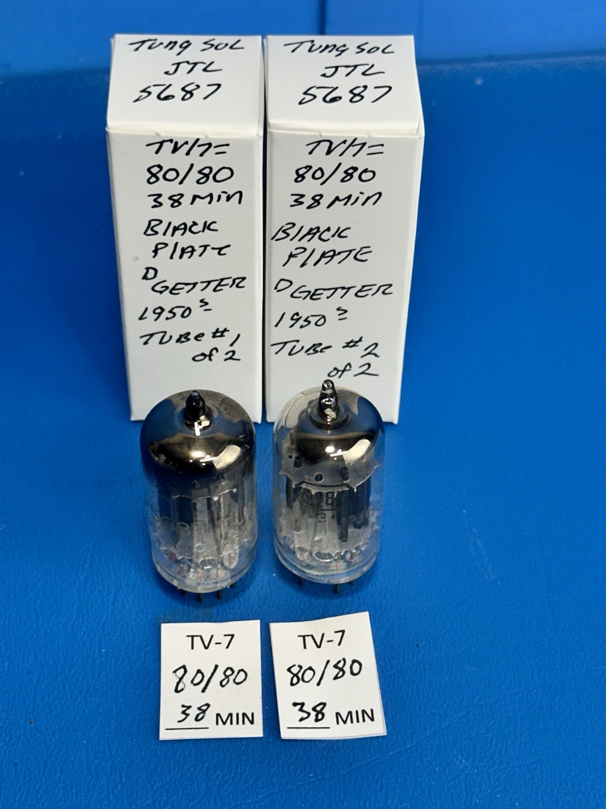 MATCHED PAIR 1950s BLACK PLATE D GETTER TUNG SOL  JTL 5687 TUBES OVER 100%