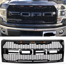 Front Grill for Ford F150 F-150 2009-2014 Raptor Style Bumper Hood Gloss Black