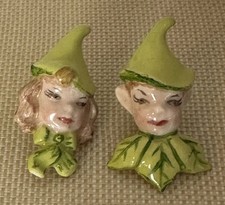 Vintage Ceramic Pixie Elf Screw On Earrings Light Green Boy Girl