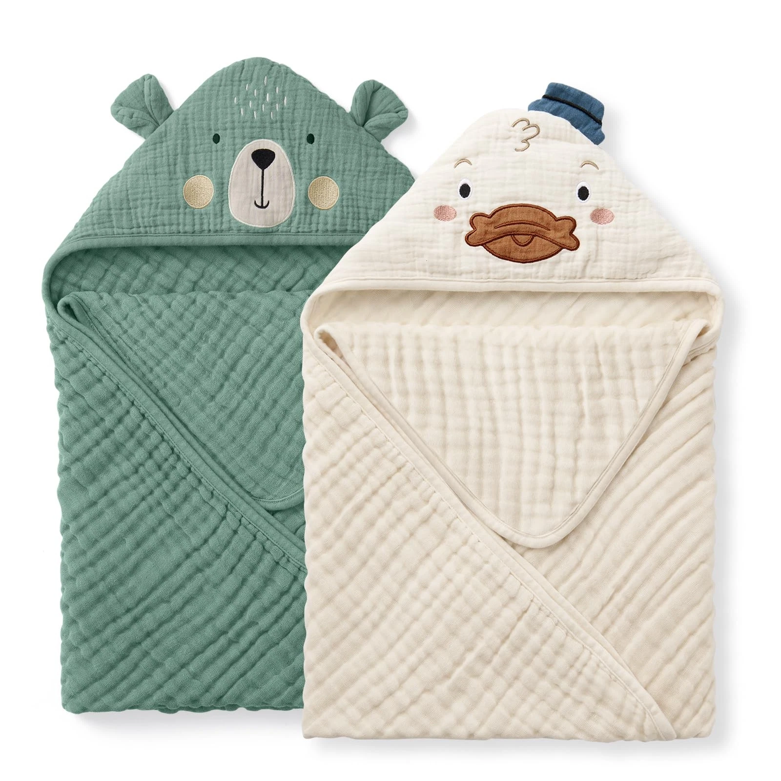 Muslin Baby Hooded Towel 2 Pack, Soft & Absorbent Bath Towel for Infant, , Un...