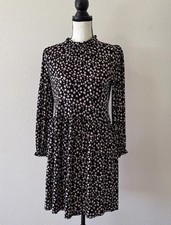 Boden Women’s Jersey Black Tan Print Ruffle Mock Neck Fit Flare Short Dress Sz 8