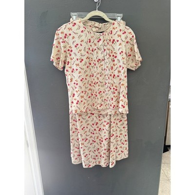 Lizsport Vintage 90s Floral 2 P Set Cotton Linen Skirt Top Cream Cottage Medium
