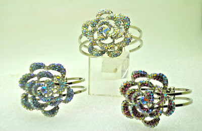 Boho deco 3d  3 color Rhinestone Flower  Bouquet cuff Bangle statement bracelet