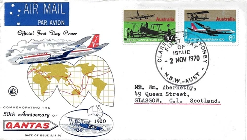 1970 AUSTRALIA 50th ANNIVERSARY OF QANTAS OFFICIAL FIRST DAY COVER