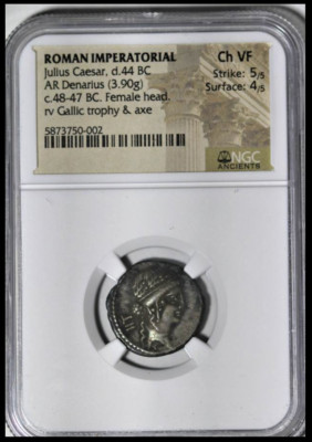 J. CAESAR DENARIUS 48-47 BC -- NGC CH. VF -- ST5/5 SURFACE4/5 (100989)