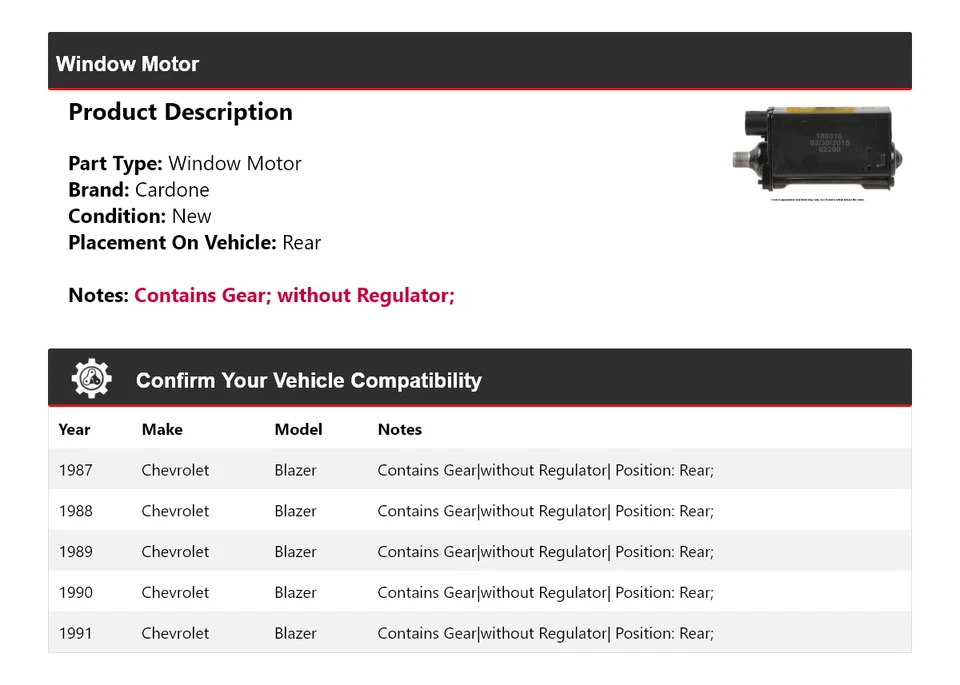 Задний кардон двигателя окна для 1987-1991 Chevrolet Blazer 1988 1989 1990 - Изображение 2 из 3