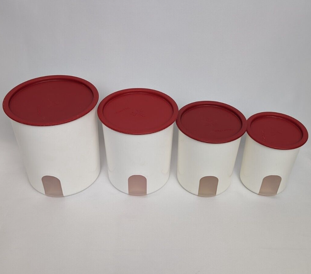 Tupperware One Touch Nesting Canisters Set of 4 White w/Red Lids