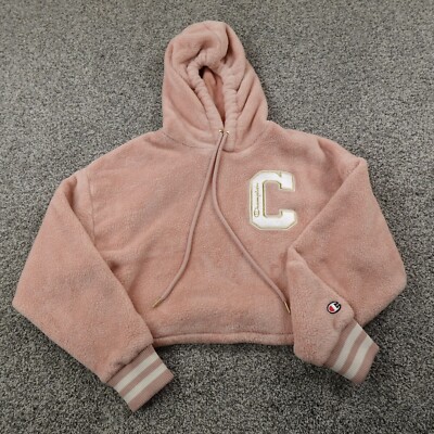 Champion Hoodie Womens XS Pink Crop Fleece Pile Fuzzy