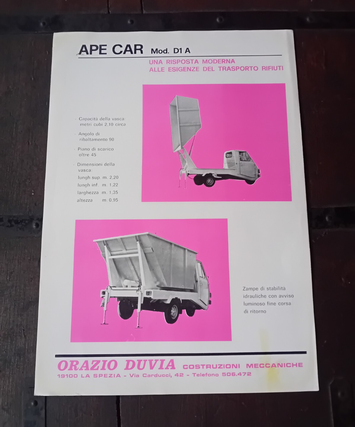 Brochure PIAGGIO APE CAR Nettezza Urbana ORAZIO DUVIA Epoca Vintage