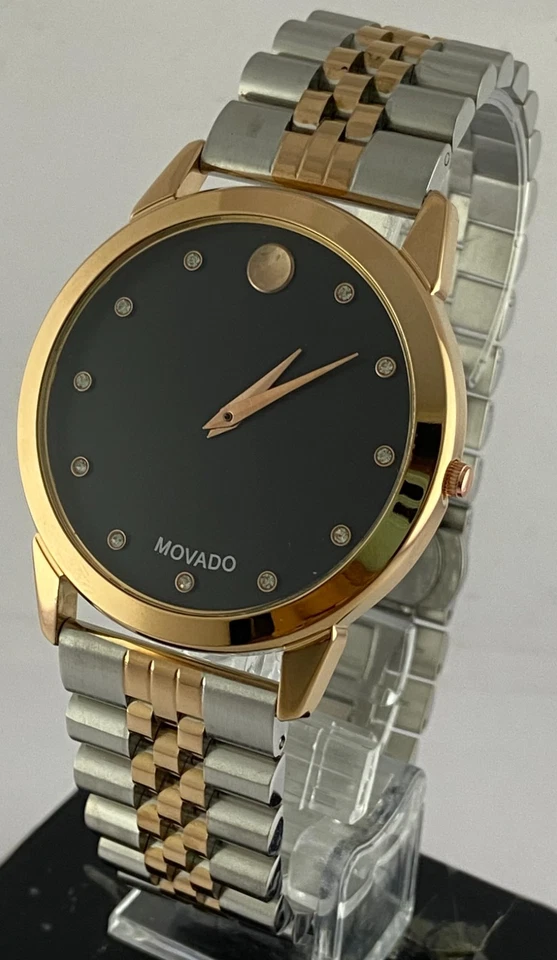 Reloj Pulsera Cuarzo Reacondicionado Aspecto Lujo Doble Tono Movado Delgado Esfera Negra Foto 3 de 4