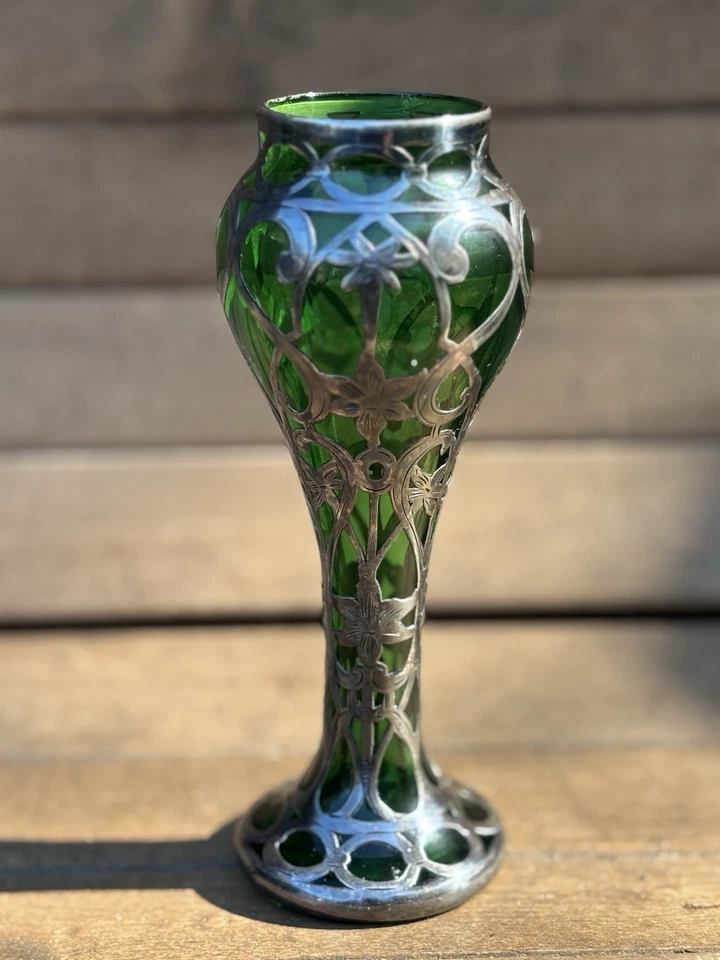 Jarrón de vidrio con superposición de plata fina Loetz Alvin Art Nouveau .999 circa 1900 G3466-2 # Foto 2 de 4
