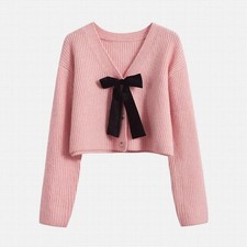 Womens Bow Knot V Neck Long Sleeves Knitted Jumpers Short Sweater Cardigan