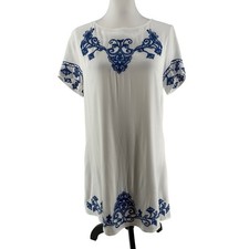 Lulus Shift Mini Dress Womens Medium Blue Embroidered Artsy Italian Coastal Chic