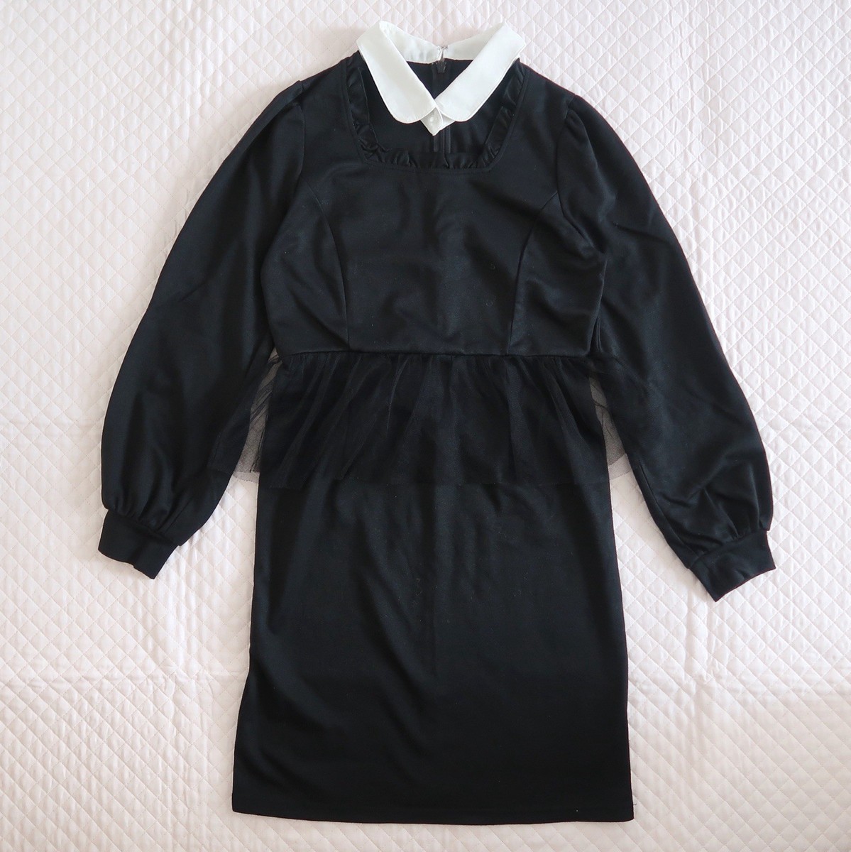 black mini dress with white collar Miss Circle Women Heather Black Collared Decorative Button-Front Mini Dress