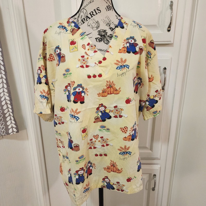 UNIFORM ADVANTAGE UA SCRUBS yellow fall cotton scrub top- size 2X -Happy Harvest