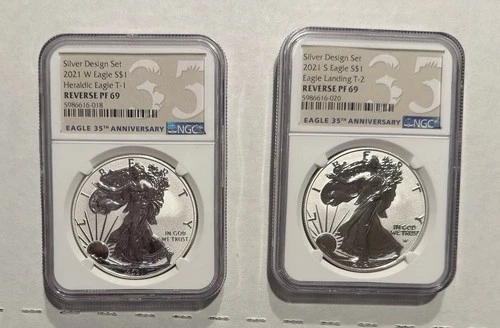 2021 $1 Silver Eagle Reverse Proof 2-Coin Designer Edition Set OGP PF-69
