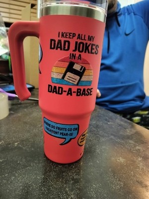 Red Insulated Tumbler with Handle, Slide Lock Lid, Dad Jokes Speech Bubble Retro