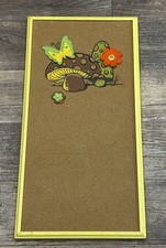 Vtg 1970’s MCM Mushroom Cork Bulletin Board Yellow Wood Frame Felt Flowers 24x12