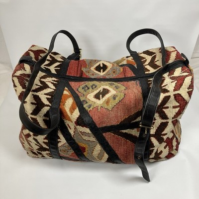 Vintage Joan & David Kilim Leather Weekender Duffel Travel Bag Tapestry