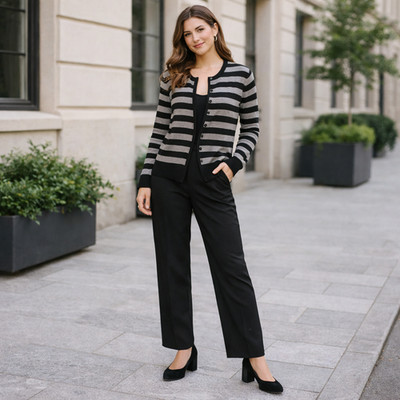 Noa Noa Fine-Knit Striped Cardigan Sweater Long Sleeve - Size S Grey