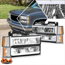 For 94-00 GMC C/K Pickup Suburban Yukon C-Shape LED DRL Headlights Chrome/Amber