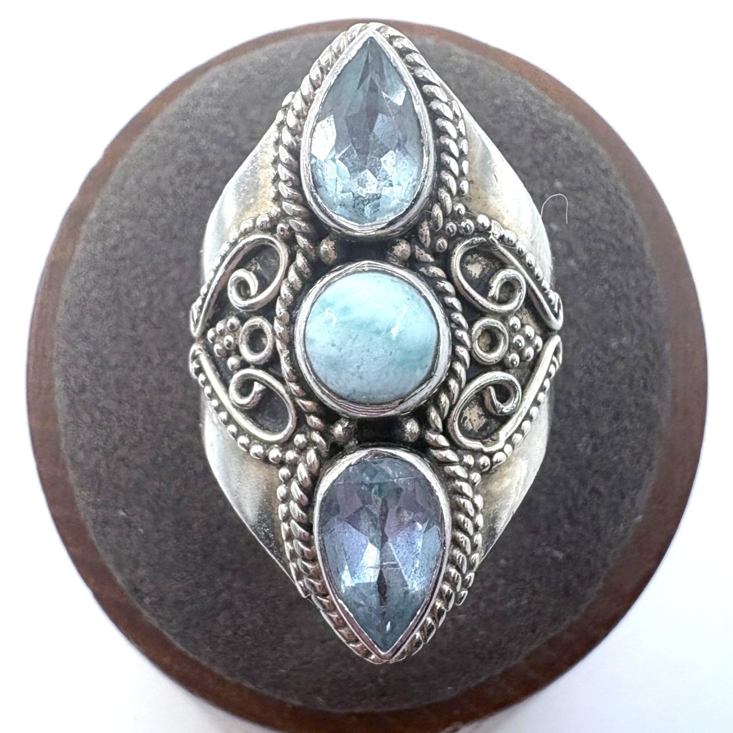 Larimar & Topaz Scroll Design Statement Ring VTG … - image 1