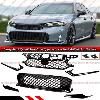 #ad For 2025 26 Honda Civic Type R Style Gloss Black Front Upper Lower Mesh Grill $249.99