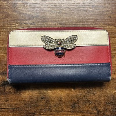 GUCCI Bee Leather Calfskin Queen Margaret Flap Wallet Blue Red White Rhinestone