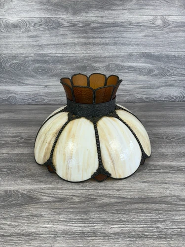 Vintage MCM Tiffany Style Amber slag glass tulip Pendant Light lamp swag Works!