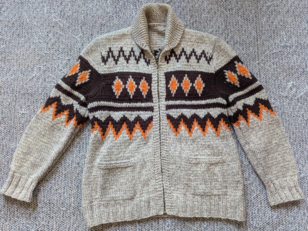 【DISCERNMENT】BONE heavy wool cowichan vintage COWICHAN cardigan HANDKNIT thick wool L tall long