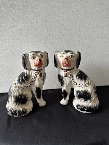 Straffordshire Porzellan MITTE 19. Jahrhundert schwarz weiß SPANIEL HUND Set Mantel Dekor Vintage - Bild 6 von 15
