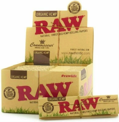 RAW ORGANIC Rolling Papers with Tips Connoisseur King Size Slim Unbleached .