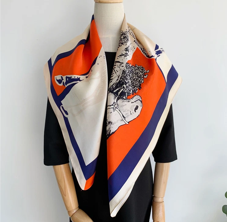 100% Silk Scarf Women Vintage horse Print Neckerchief Bandana 90*90cm NEW
