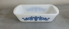 Glasbake Milk Glass Loaf Pan Dish J-522 Blue Pinwheel Pattern Ovenware