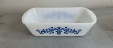 Glasbake Milk Glass Loaf Pan Dish J-522 Blue Pinwheel Pattern Ovenware
