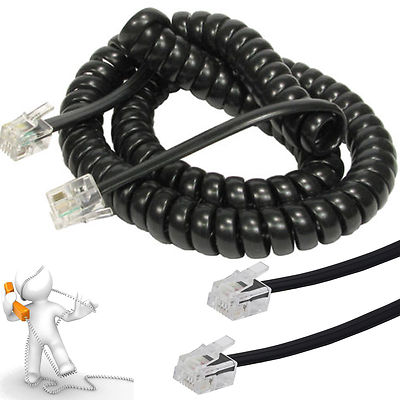 2m Telephone Handset Phone Coiled RJ10 Plug to RJ10 Plug Cable Black 4P4c Lead
