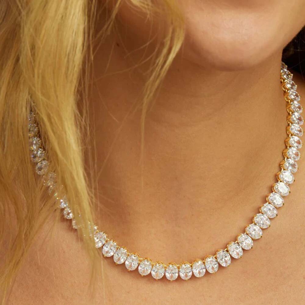 44CT Lab Created Oval Diamond Tennis Necklace in 14K Gold Plated