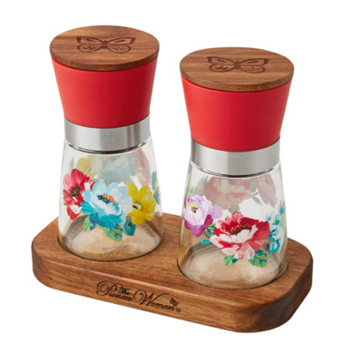 Pioneer Woman Flourish 3Pc Salt & Pepper Grinder Set Glass   Sweet Romance Red