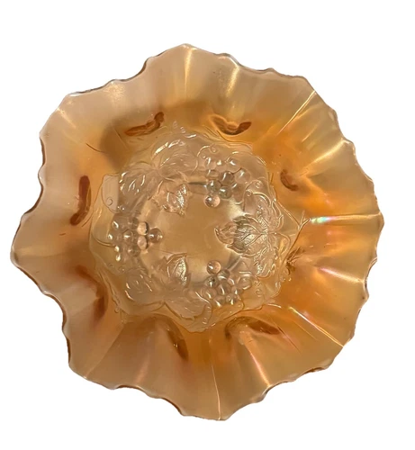 Vintage Dugan GOLDEN GRAPE Marigold Carnival Glass Ruffled Bowl  7"