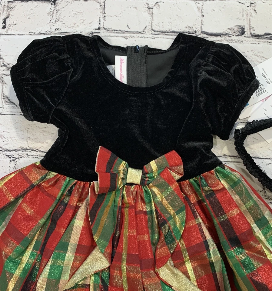 Vestido de festa novo com etiquetas Bonnie bebê meninas veludo preto/vermelho xadrez tartan MSRP $58 - Imagem 3 de 4